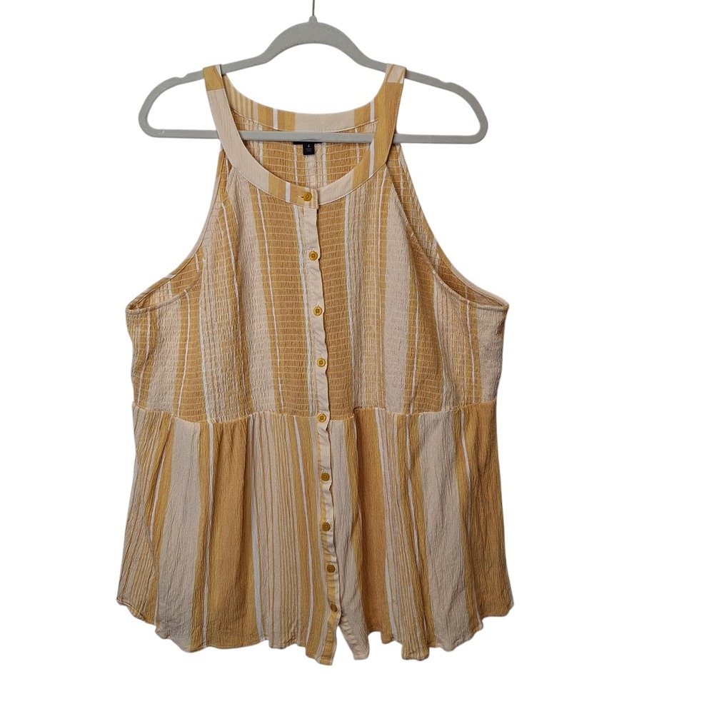 Torrid Blouse‎ Sz 4 US 4X Smocked High Neck Babydoll Top Sleeveless Stripe Gold